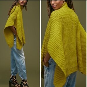 Anthropologie Mustard Knit Poncho Boho Oversize